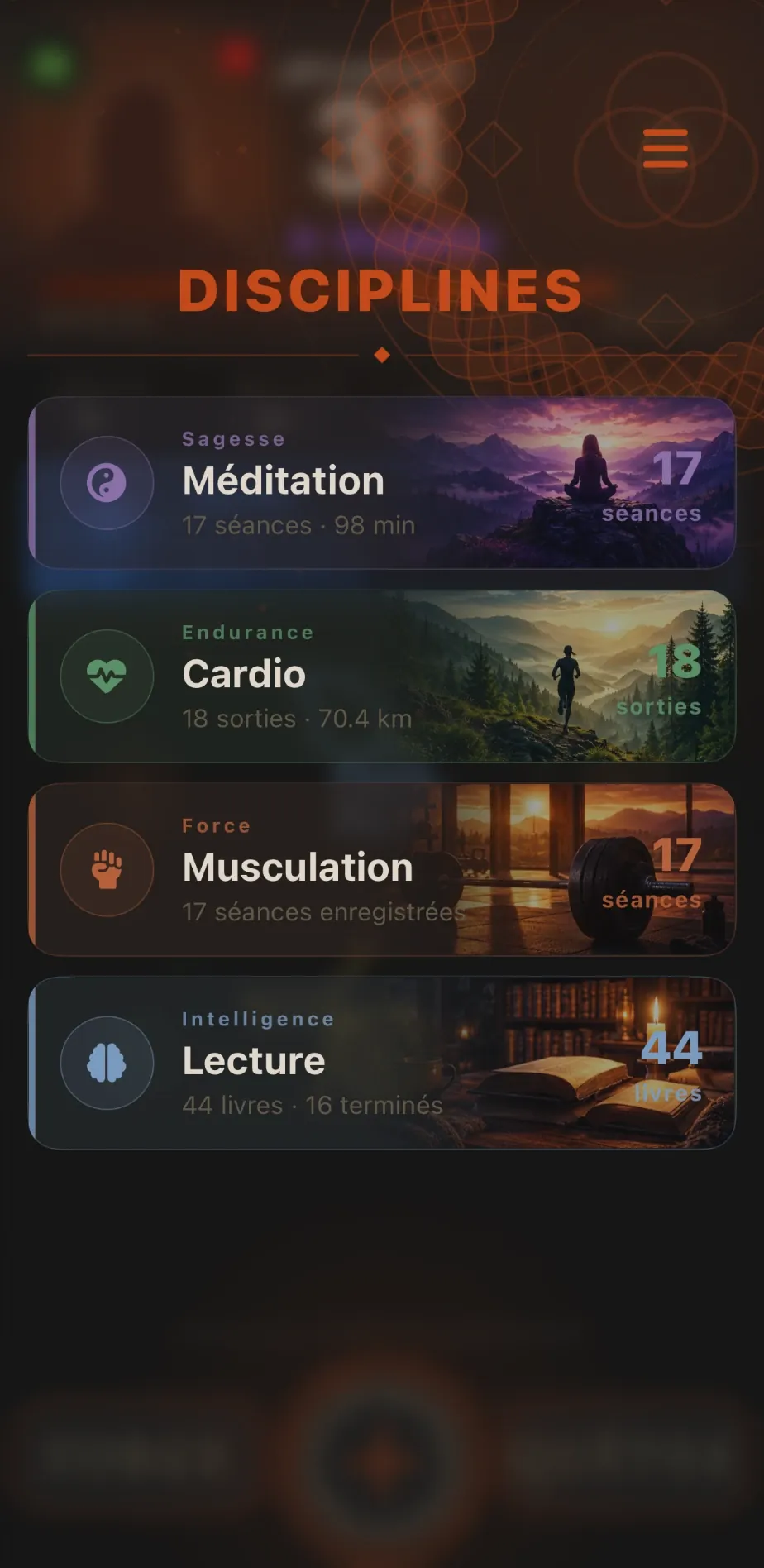 Écran Disciplines : Méditation, Cardio, Musculation et Lecture, chacune avec son compte de séances.