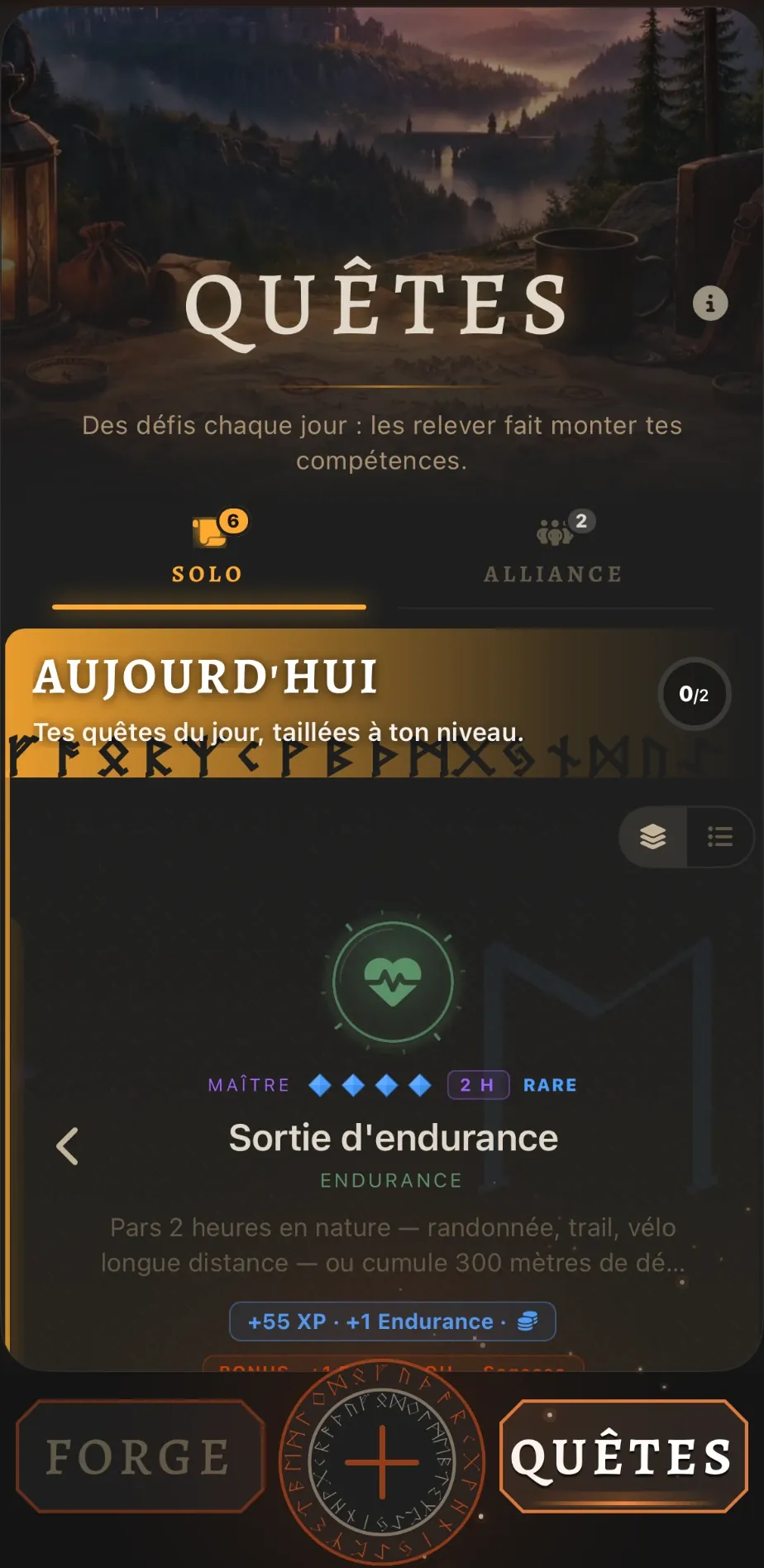 Quêtes du jour : une carte « Sortie d'endurance », rang Maître, rareté rare, 55 XP.