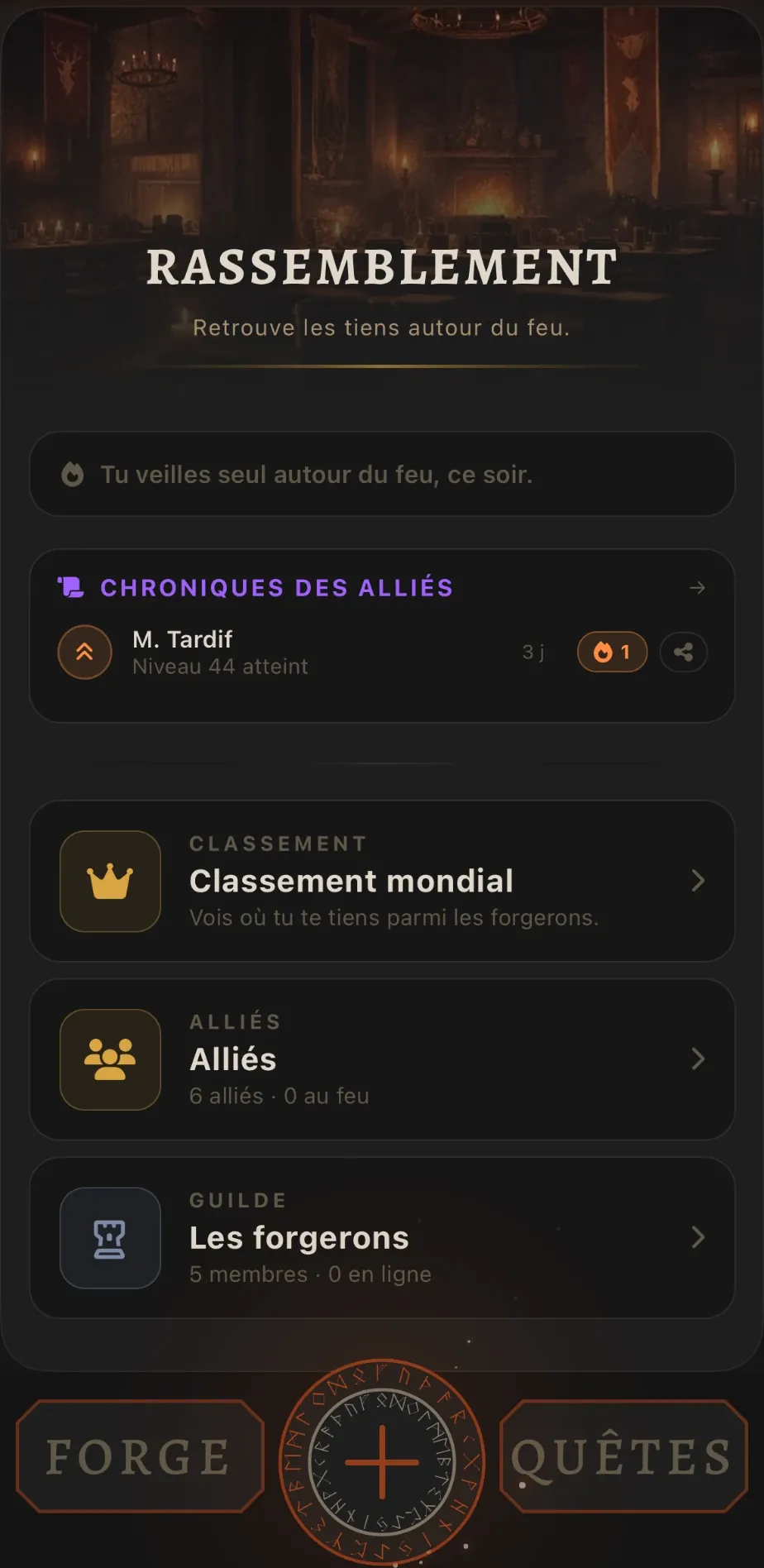 Écran Rassemblement : les chroniques des alliés, le classement mondial, les alliés et la guilde.